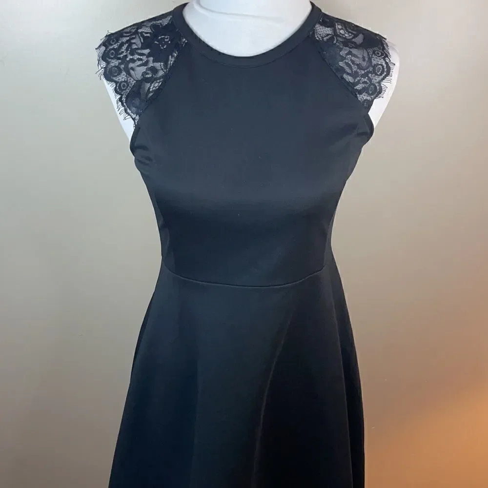 Anthropologie Elodie Fit & Flare Black Dress w/ Lace Floral Sleeves (Small) - Picture 10 of 16